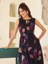 Janasya Women's Black Georgette Floral Printed Gathered Dress